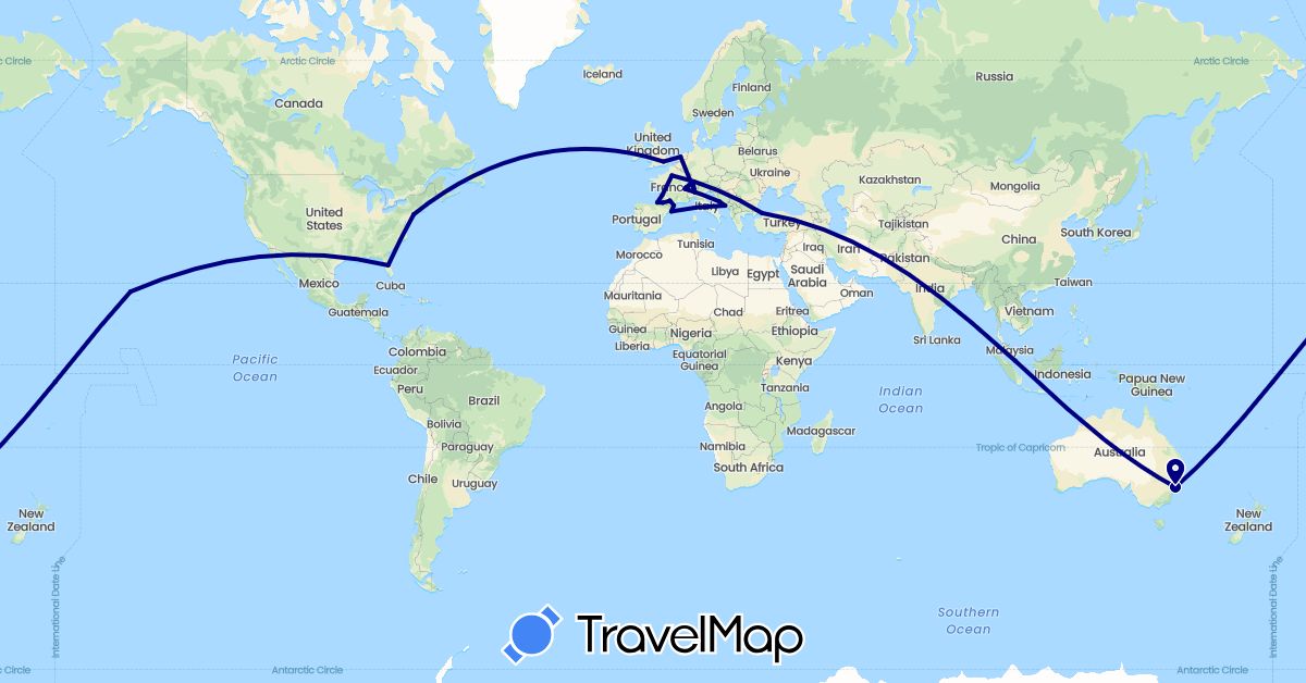 TravelMap itinerary: driving in Australia, Switzerland, Spain, France, United Kingdom, Croatia, Italy, Netherlands, Singapore, Turkey, United States (Asia, Europe, North America, Oceania)